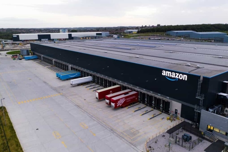 Aerial view of an Amazon warehouse distribution center
